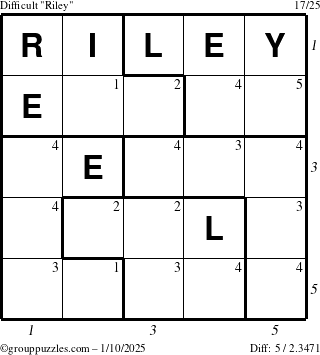 The grouppuzzles.com Difficult Riley puzzle for Friday January 10, 2025, suitable for printing, with all 5 steps marked