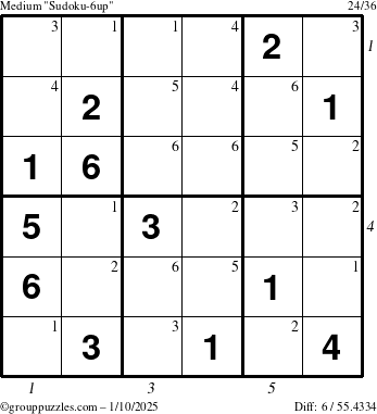 The grouppuzzles.com Medium Sudoku-6up puzzle for Friday January 10, 2025 with all 6 steps marked