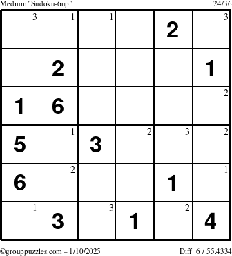 The grouppuzzles.com Medium Sudoku-6up puzzle for Friday January 10, 2025 with the first 3 steps marked