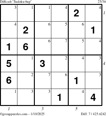 The grouppuzzles.com Difficult Sudoku-6up puzzle for Friday January 10, 2025 with all 7 steps marked