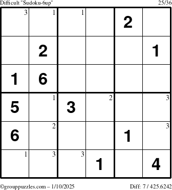 The grouppuzzles.com Difficult Sudoku-6up puzzle for Friday January 10, 2025 with the first 3 steps marked