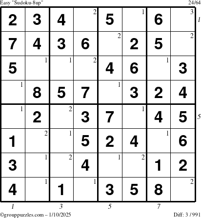 The grouppuzzles.com Easy Sudoku-8up puzzle for Friday January 10, 2025 with all 3 steps marked