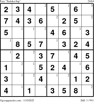 The grouppuzzles.com Easy Sudoku-8up puzzle for Friday January 10, 2025 with the first 3 steps marked