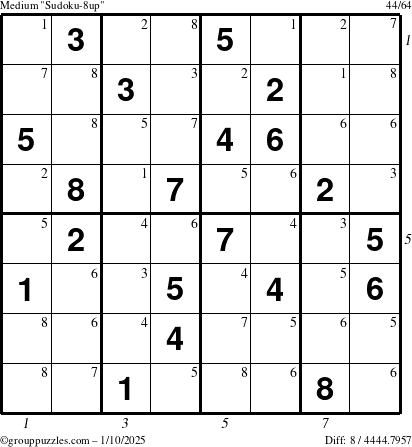 The grouppuzzles.com Medium Sudoku-8up puzzle for Friday January 10, 2025 with all 8 steps marked