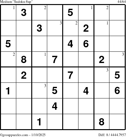 The grouppuzzles.com Medium Sudoku-8up puzzle for Friday January 10, 2025 with the first 3 steps marked