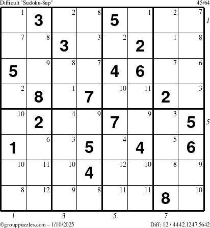 The grouppuzzles.com Difficult Sudoku-8up puzzle for Friday January 10, 2025 with all 12 steps marked