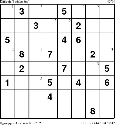 The grouppuzzles.com Difficult Sudoku-8up puzzle for Friday January 10, 2025 with the first 3 steps marked