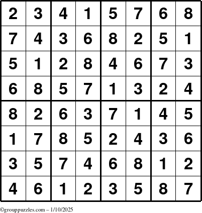 The grouppuzzles.com Answer grid for the Sudoku-8up puzzle for Friday January 10, 2025