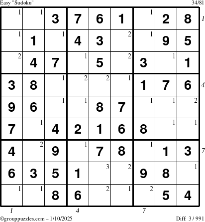 The grouppuzzles.com Easy Sudoku puzzle for Friday January 10, 2025 with all 3 steps marked