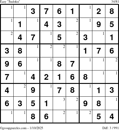 The grouppuzzles.com Easy Sudoku puzzle for Friday January 10, 2025 with the first 3 steps marked