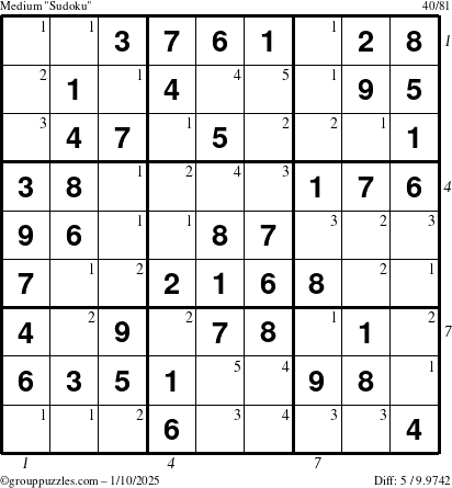 The grouppuzzles.com Medium Sudoku puzzle for Friday January 10, 2025, suitable for printing, with all 5 steps marked