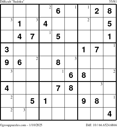 The grouppuzzles.com Difficult Sudoku puzzle for Friday January 10, 2025 with the first 3 steps marked