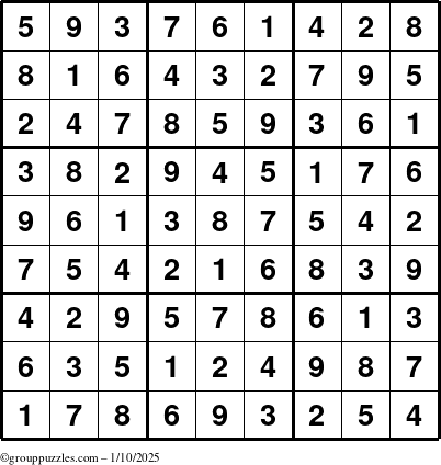 The grouppuzzles.com Answer grid for the Sudoku puzzle for Friday January 10, 2025