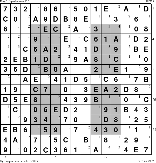 The grouppuzzles.com Easy HyperSudoku-15 puzzle for Friday January 10, 2025 with all 4 steps marked