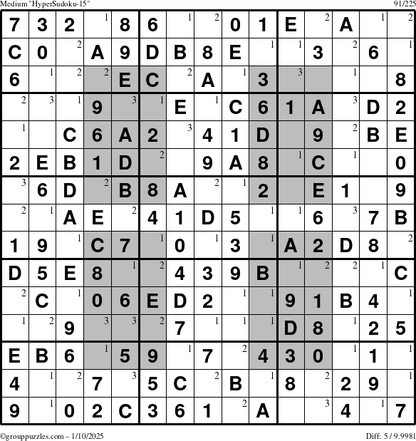 The grouppuzzles.com Medium HyperSudoku-15 puzzle for Friday January 10, 2025 with the first 3 steps marked