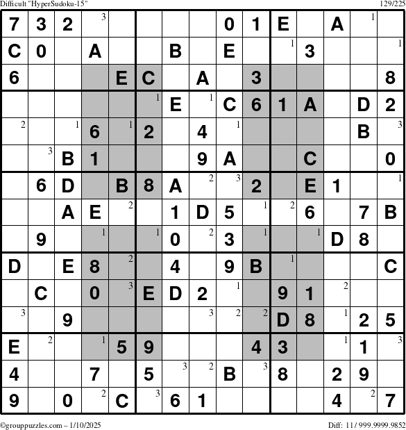 The grouppuzzles.com Difficult HyperSudoku-15 puzzle for Friday January 10, 2025 with the first 3 steps marked