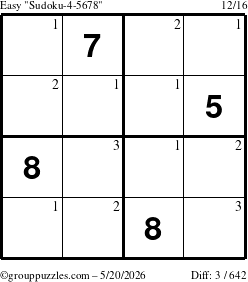 The grouppuzzles.com Easy Sudoku-4-5678 puzzle for Wednesday May 20, 2026 with the first 3 steps marked