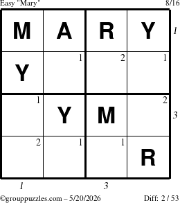 The grouppuzzles.com Easy Mary puzzle for Wednesday May 20, 2026 with all 2 steps marked