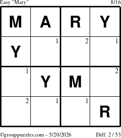 The grouppuzzles.com Easy Mary puzzle for Wednesday May 20, 2026 with the first 2 steps marked