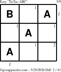 The grouppuzzles.com Easy TicTac-ABC puzzle for Wednesday May 20, 2026 with all 2 steps marked