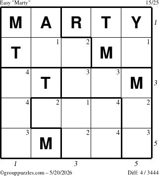 The grouppuzzles.com Easy Marty puzzle for Wednesday May 20, 2026, suitable for printing, with all 4 steps marked