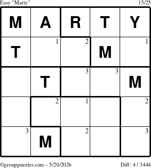 The grouppuzzles.com Easy Marty puzzle for Wednesday May 20, 2026 with the first 3 steps marked