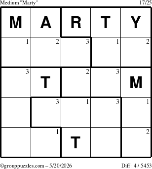 The grouppuzzles.com Medium Marty puzzle for Wednesday May 20, 2026 with the first 3 steps marked