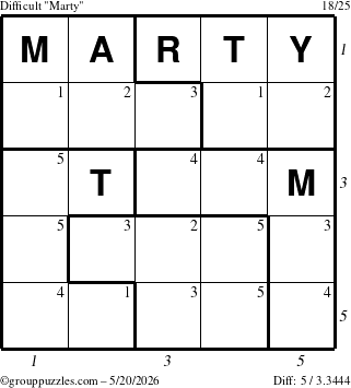 The grouppuzzles.com Difficult Marty puzzle for Wednesday May 20, 2026, suitable for printing, with all 5 steps marked