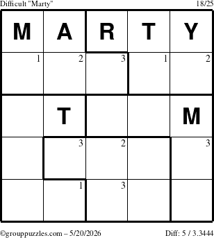 The grouppuzzles.com Difficult Marty puzzle for Wednesday May 20, 2026 with the first 3 steps marked