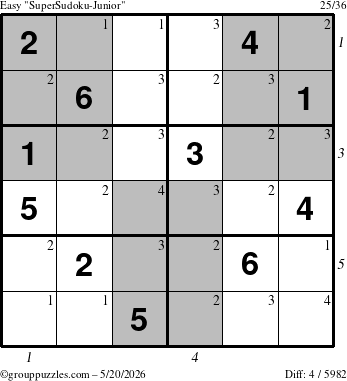 The grouppuzzles.com Easy SuperSudoku-Junior puzzle for Wednesday May 20, 2026, suitable for printing, with all 4 steps marked