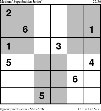 The grouppuzzles.com Medium SuperSudoku-Junior puzzle for Wednesday May 20, 2026