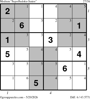 The grouppuzzles.com Medium SuperSudoku-Junior puzzle for Wednesday May 20, 2026, suitable for printing, with all 6 steps marked