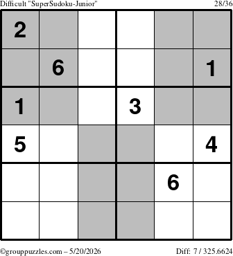 The grouppuzzles.com Difficult SuperSudoku-Junior puzzle for Wednesday May 20, 2026