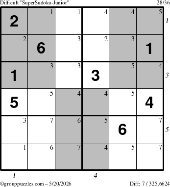 The grouppuzzles.com Difficult SuperSudoku-Junior puzzle for Wednesday May 20, 2026 with all 7 steps marked