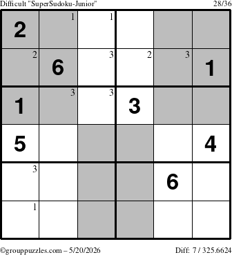 The grouppuzzles.com Difficult SuperSudoku-Junior puzzle for Wednesday May 20, 2026 with the first 3 steps marked