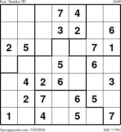 The grouppuzzles.com Easy Sudoku-7B puzzle for Wednesday May 20, 2026