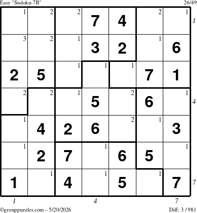 The grouppuzzles.com Easy Sudoku-7B puzzle for Wednesday May 20, 2026 with all 3 steps marked