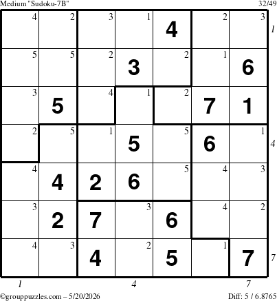 The grouppuzzles.com Medium Sudoku-7B puzzle for Wednesday May 20, 2026, suitable for printing, with all 5 steps marked