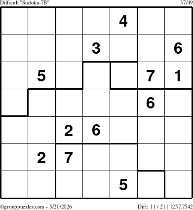 The grouppuzzles.com Difficult Sudoku-7B puzzle for Wednesday May 20, 2026