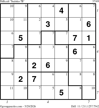 The grouppuzzles.com Difficult Sudoku-7B puzzle for Wednesday May 20, 2026, suitable for printing, with all 11 steps marked