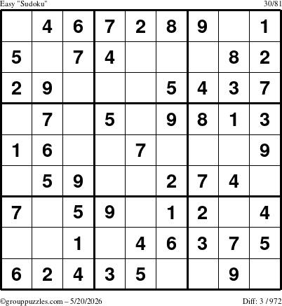The grouppuzzles.com Easy Sudoku puzzle for Wednesday May 20, 2026