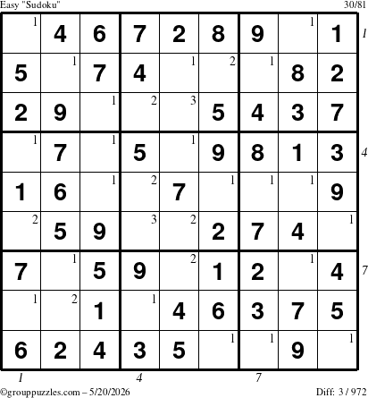 The grouppuzzles.com Easy Sudoku puzzle for Wednesday May 20, 2026 with all 3 steps marked