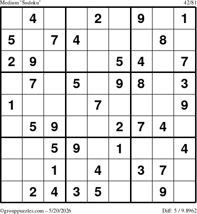 The grouppuzzles.com Medium Sudoku puzzle for Wednesday May 20, 2026