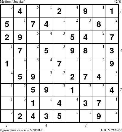 The grouppuzzles.com Medium Sudoku puzzle for Wednesday May 20, 2026, suitable for printing, with all 5 steps marked