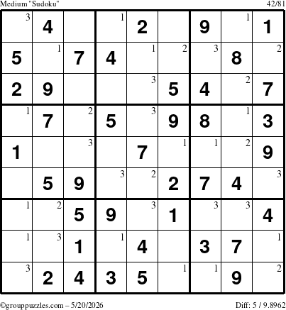 The grouppuzzles.com Medium Sudoku puzzle for Wednesday May 20, 2026 with the first 3 steps marked