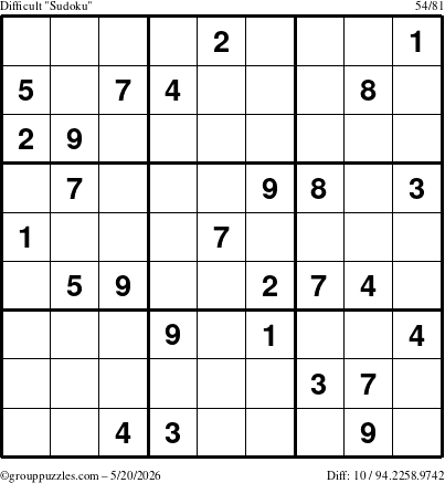 The grouppuzzles.com Difficult Sudoku puzzle for Wednesday May 20, 2026