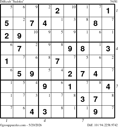 The grouppuzzles.com Difficult Sudoku puzzle for Wednesday May 20, 2026 with all 10 steps marked