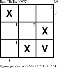 The grouppuzzles.com Easy TicTac-VWX puzzle for Wednesday May 20, 2026 with all 2 steps marked