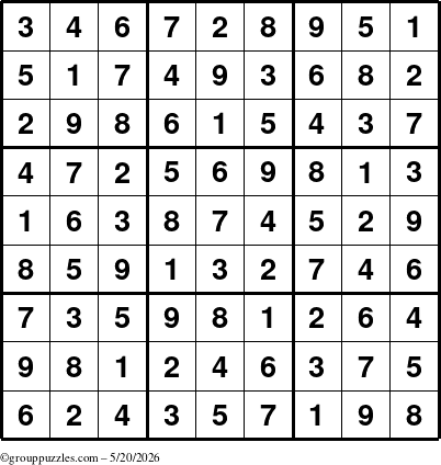 The grouppuzzles.com Answer grid for the Sudoku puzzle for Wednesday May 20, 2026
