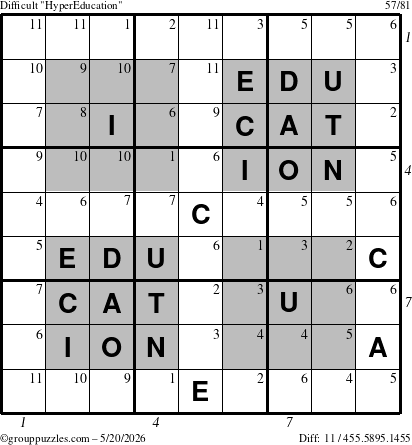 The grouppuzzles.com Difficult HyperEducation-i23 puzzle for Wednesday May 20, 2026, suitable for printing, with all 11 steps marked